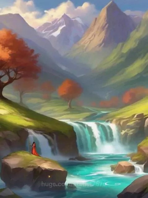 Stylized painting of a majestic mountain landscape with autumn trees, a waterfall, and a figure in red.