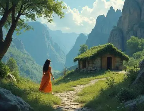 Woman in orange dress walks towards a rustic cabin in a verdant valley with green mountains and a blue sky.