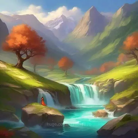 Animated landscape with mountains, green valley, waterfall, turquoise river, and autumn trees. A figure in red stands on a rock.