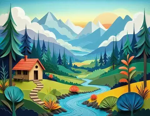 Stylized paper cutout landscape with a cabin, river, pine trees, and mountains under a sunset sky.