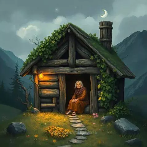 Elderly woman in a rustic cabin doorway on a grassy hill, with mountains and a crescent moon in the background.