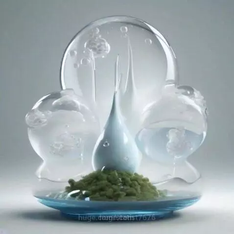 Abstract composition with a blue water drop on green material in a glass bowl, surrounded by glass spheres.