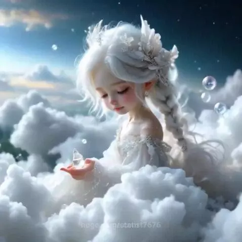 Doll-like girl with white braided hair and flowers in soft clouds, holding a glowing object.
