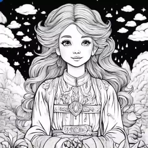 Line art drawing of a girl with long wavy hair and an ornate dress, with clouds and rain in the background.