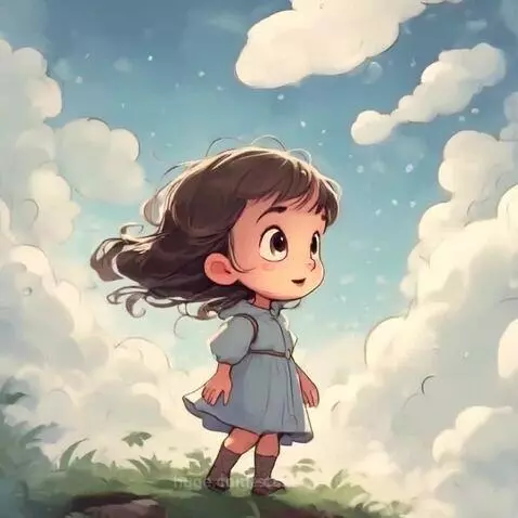 Animated young girl with brown hair in a blue dress, smiling upwards on green grass with clouds and bubbles.