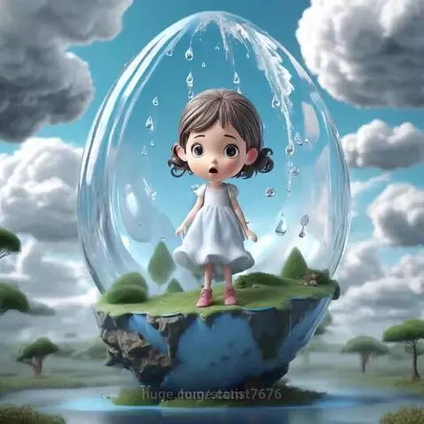 Cartoon girl on a grassy island inside a large water droplet, with smaller droplets falling and a serene landscape background.