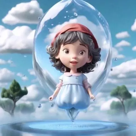 Animated girl with curly dark hair and red hat inside a clear water droplet, floating above water.