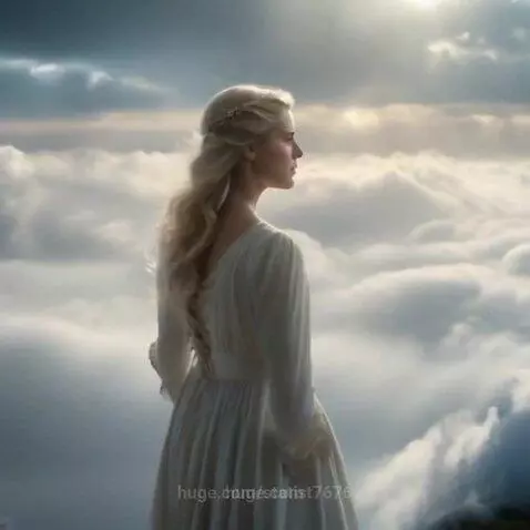 Woman with long blonde hair in a white dress standing in clouds with bright sunlight behind her.