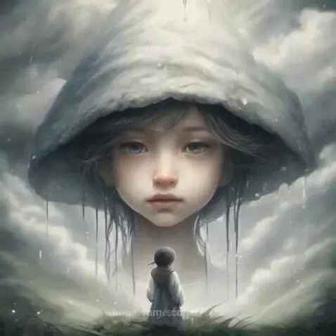Digital painting of a surreal landscape with a giant girl's face in the clouds and a small child below.