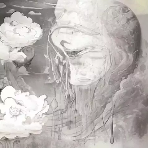 Grayscale animation of a woman's face with tears dripping from her eyes and hair, surrounded by abstract shapes.