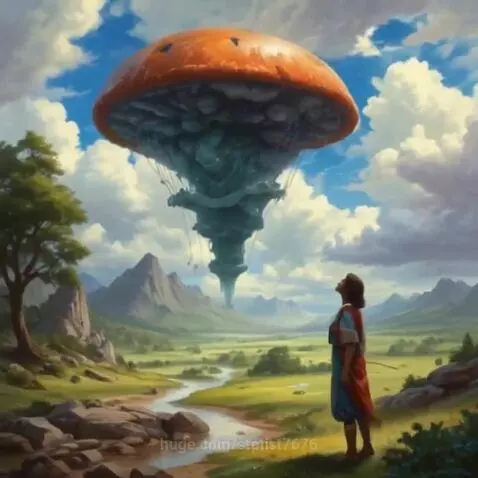 Fantasy painting of a person in a red cloak looking up at a mushroom-shaped airship over a lush valley.