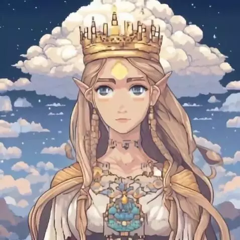 Animated blonde elf woman with a golden crown and turquoise necklace against a starry night sky.