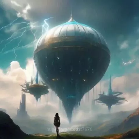Futuristic floating city with a giant teardrop-shaped building, smaller structures, and dramatic lightning in a blue sky.