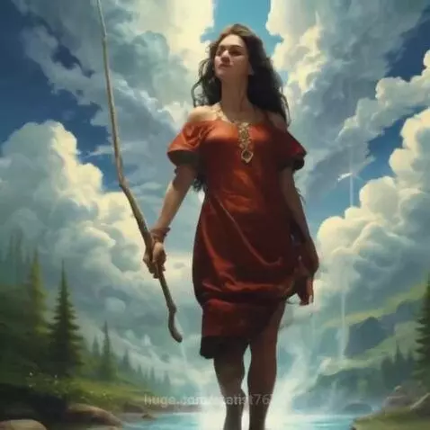 Woman with long dark hair in a red dress walks through shallow water, holding a wooden staff, with waterfalls in background.