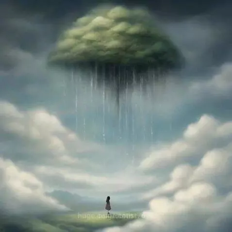 Animated landscape with a solitary figure on a floating island under a cloud tree raining down.
