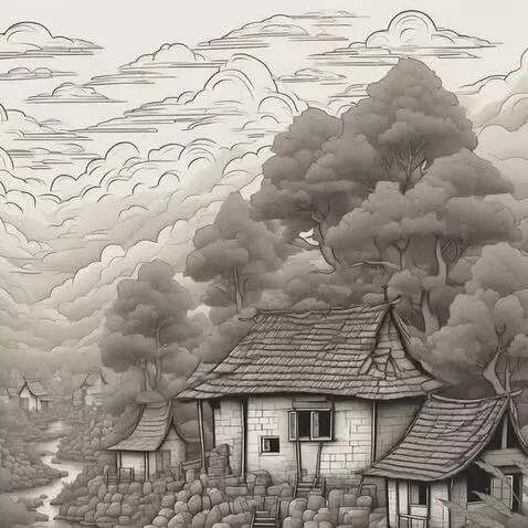Black and white ink illustration of a serene village with traditional houses nestled among trees and clouds, a river flows in the foreground.