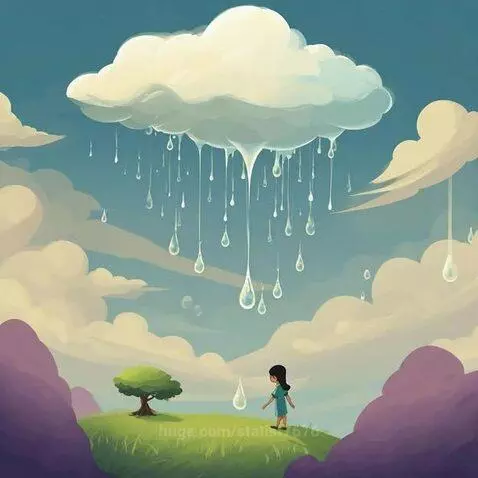 Cartoon girl on a green hill under a light blue sky with clouds, enjoying falling raindrops.