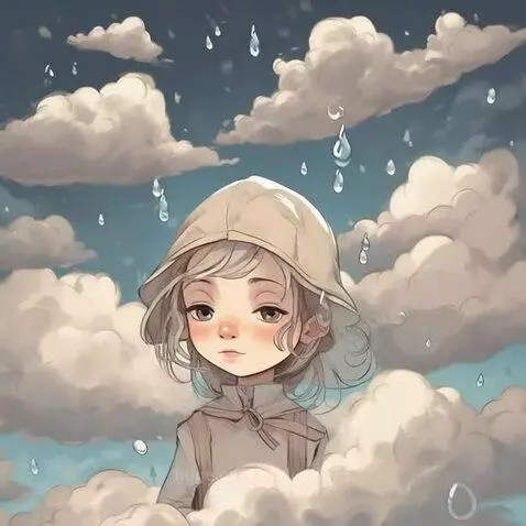 Animated illustration of a young girl with expressive eyes, wearing a hat, amidst fluffy clouds and falling raindrops.