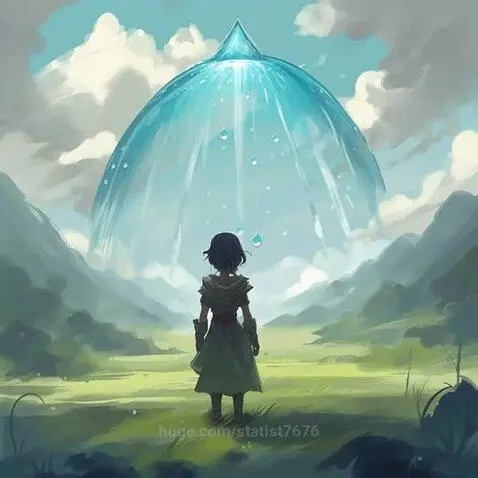 Person in a green valley looking at a giant floating water droplet with smaller droplets falling.