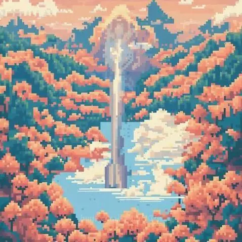 Pixel art landscape featuring a waterfall, colorful trees, rolling hills, and a soft orange and blue sky.