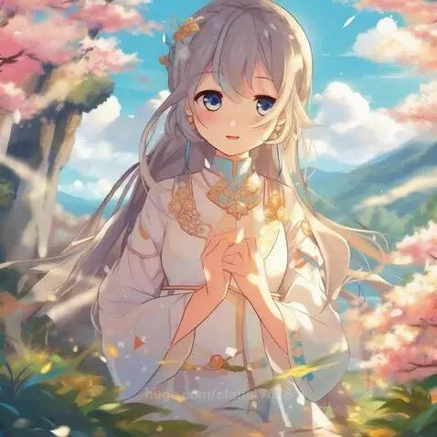 Animated woman with silver hair and blue eyes in a white dress, surrounded by pink cherry blossoms and mountains.
