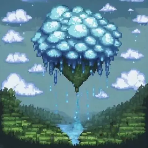 Pixel art animation of a blue and green floating island with water dripping into a lush valley below.