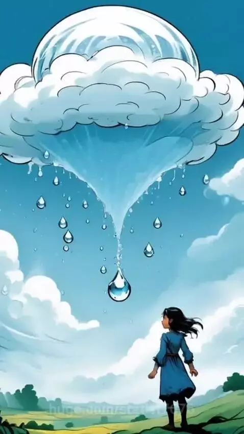 Animated cloud releasing a single raindrop towards a young girl looking up in wonder.