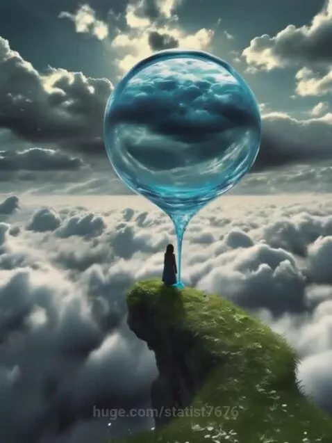 Giant clear sphere of liquid hanging over a person on a grassy cliff, reflecting clouds. Red liquid drips down.