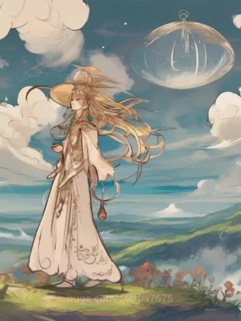 Ethereal blonde figure in a white gown and wide-brimmed hat on a hilltop, overlooking a dreamy landscape with a floating eye.