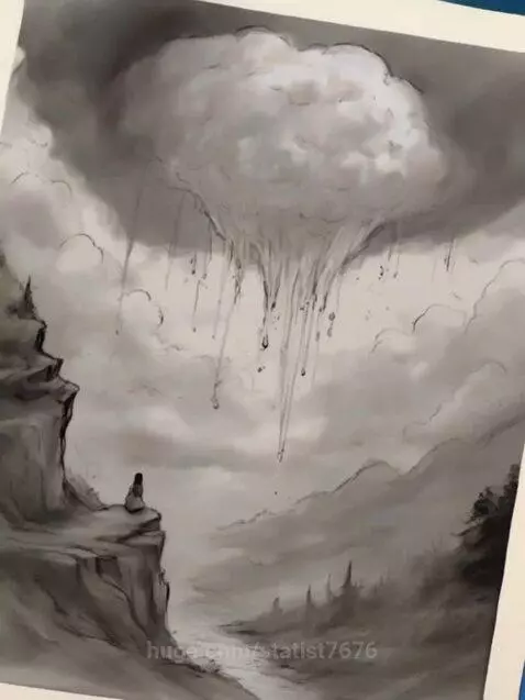 Black and white drawing of a woman on a cliff overlooking a valley, with a mushroom cloud raining water.