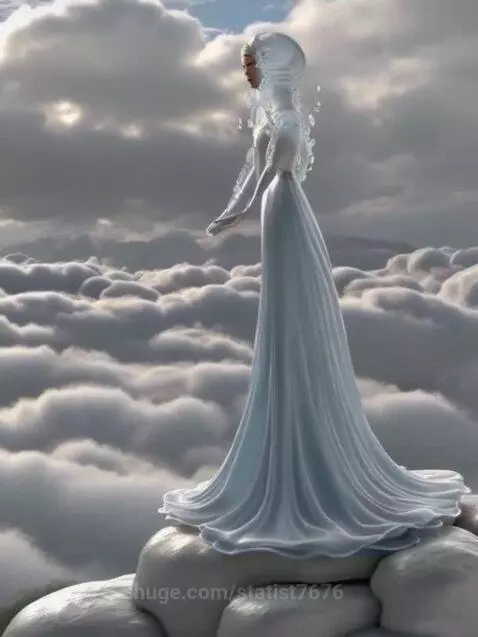 Ethereal water figure in a flowing gown standing on a cloud formation against a dramatic sky.