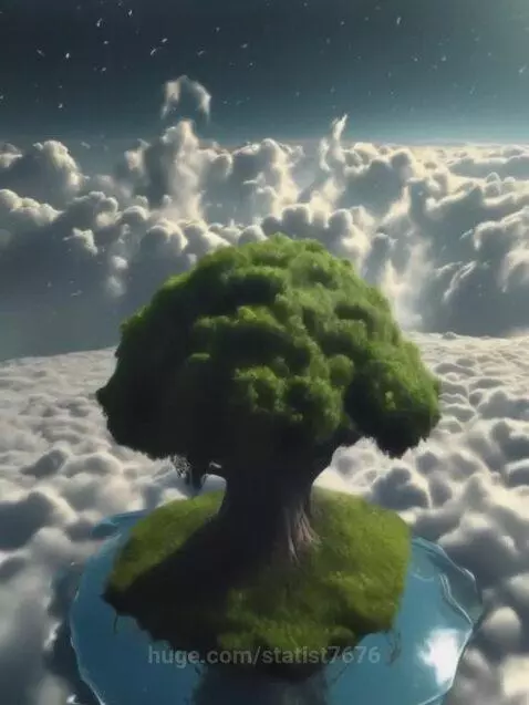 A vibrant green tree grows on a circular island floating above clouds, under a starry blue sky.