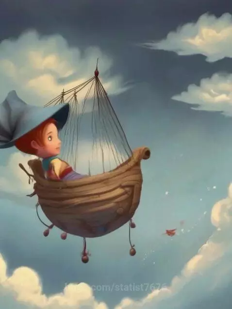 Animated child with red hair and a grey hat sits in a wooden boat, floating in a sky filled with soft clouds.