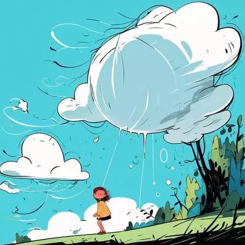 Cartoon girl with curly hair on a grassy hill looks up at a cloud dripping water under a blue sky.