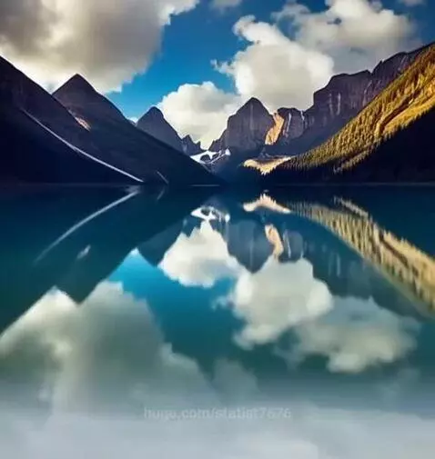 Tranquil mountain lake with clear blue-green water reflecting snow-capped peaks and a partly cloudy blue sky.