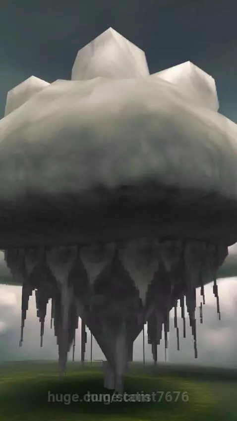 A large, amorphous grey cloud or rock formation with icicle-like structures hangs in the sky above a green landscape.