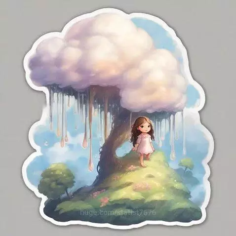 Illustration of a girl in a pink dress standing under a tree with a cloud canopy, from which droplets fall.