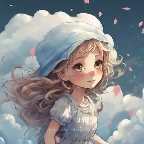 Animated girl with blonde hair and blue beret smiling gently amidst falling pink petals and clouds.