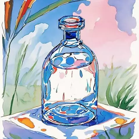 Watercolor painting of a clear glass bottle with blue and pink water drops, set against a soft, abstract background.
