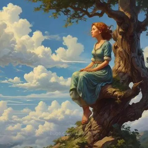 Young woman in a flowing teal dress sitting barefoot on a gnarled tree branch high above white clouds.