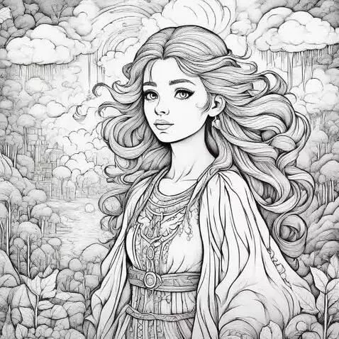 Black and white line art drawing of a young woman with long curly hair, closed then open eyes, wearing a detailed dress, with a fantasy landscape background.