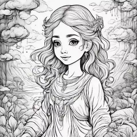 Black and white drawing of a young girl with wavy hair, a crown, and a gentle smile, set against a mountain and foliage background.