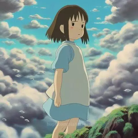 Animated girl with short brown hair in a blue dress stands on a grassy hill, looking towards a bright blue sky with clouds.