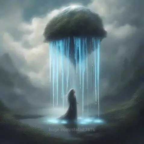 Floating island with glowing blue waterfalls cascading into misty water, a figure stands below.