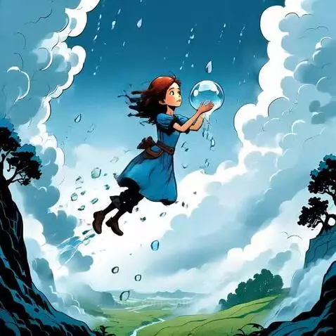 Cartoon girl with reddish-brown hair in a blue frock collecting a large raindrop bubble in a bright blue sky with clouds.
