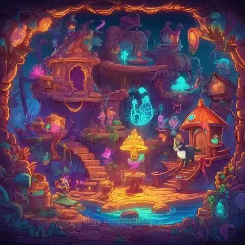 Animated fantasy landscape with glowing structures, a winding stream, and a black and white cat near a blue portal.