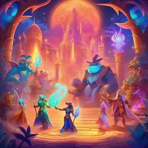 Fantasy landscape with mages casting spells, a glowing orange moon, and a grand castle.