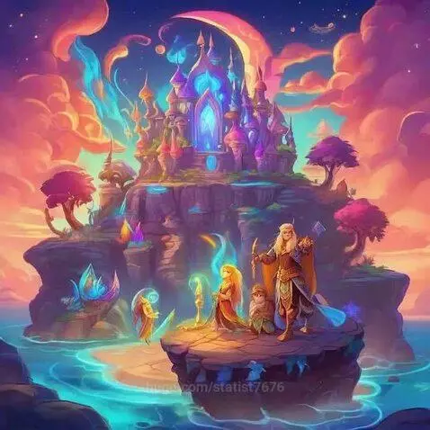 Stylized animated fantasy island landscape with a glowing castle, whimsical trees, and fantasy characters.