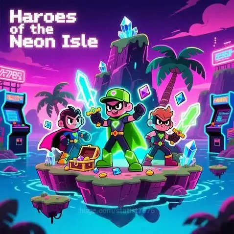 Three cartoon heroes with glowing swords on a neon floating island with treasure chest and palm trees.