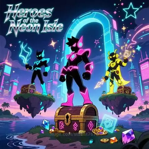 Three stylized heroes with neon accents on floating treasure islands, futuristic city background.